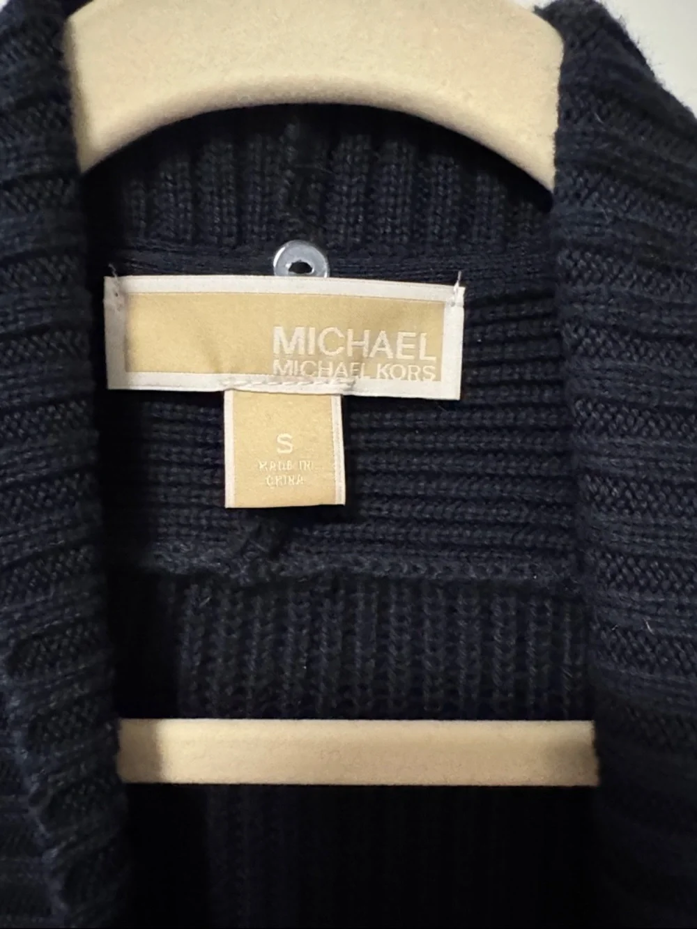 Michael Kors Navy Ribbed Knit Poncho Style Sweater with Brown Leather Accents - Picture 3 of 4